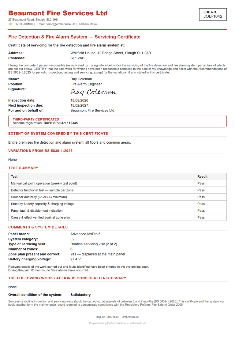 A finished fire alarm servicing certificate on the engineer’s own letterhead, with their BAFE scheme registration, a signed declaration, test summary and system details.